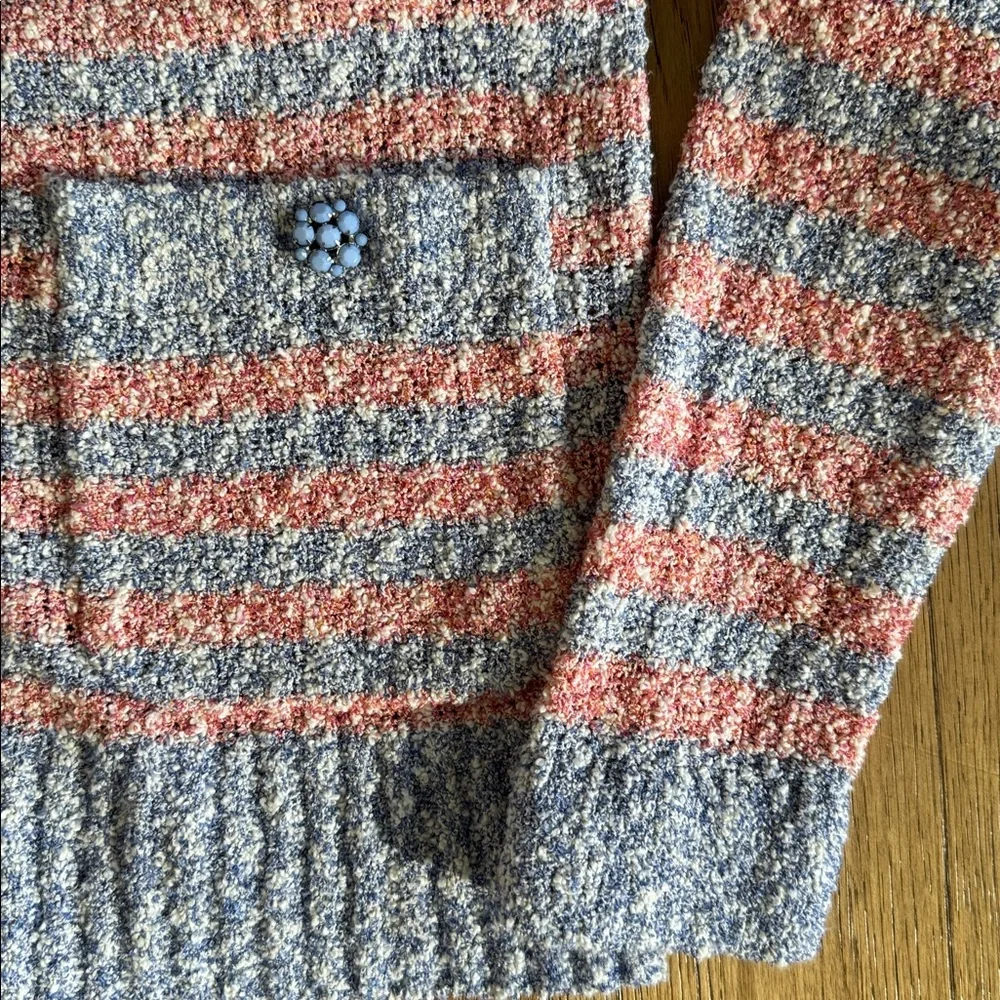 😊J. Crew Coral and Light Blue Striped Bouclé Cardigan - Picture 3 of 5
